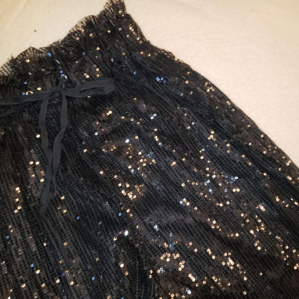 Drawstring Pants Sequins Black XS